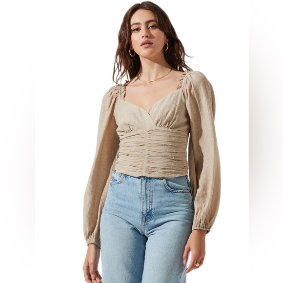 Astr Tops - ASTR Taupe Swiss Dot Puff Sleeve Top